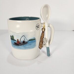 Rae Dunn Gone Fishing Mug with Spoon Artisan Collection Magenta Blue Cream NEW